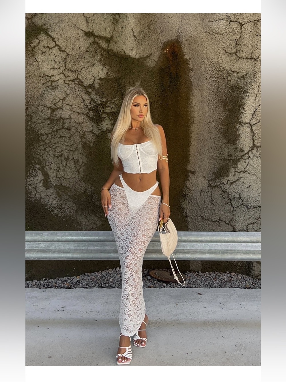 White Lace Three-Piece Crop Top and Sheer Skirt Set